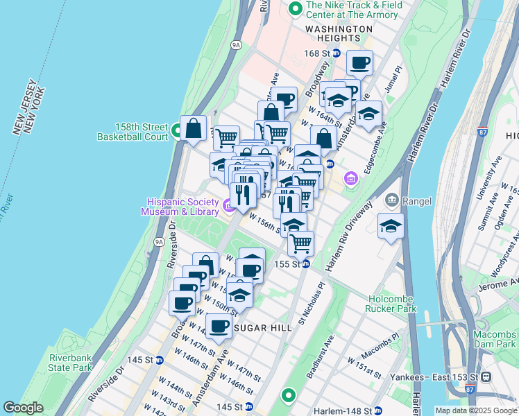 map of restaurants, bars, coffee shops, grocery stores, and more near 539 West 156th Street in New York