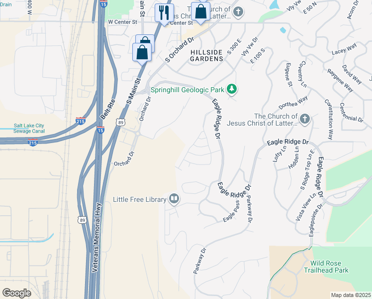 map of restaurants, bars, coffee shops, grocery stores, and more near 444 South Sunset Ridge Drive in North Salt Lake