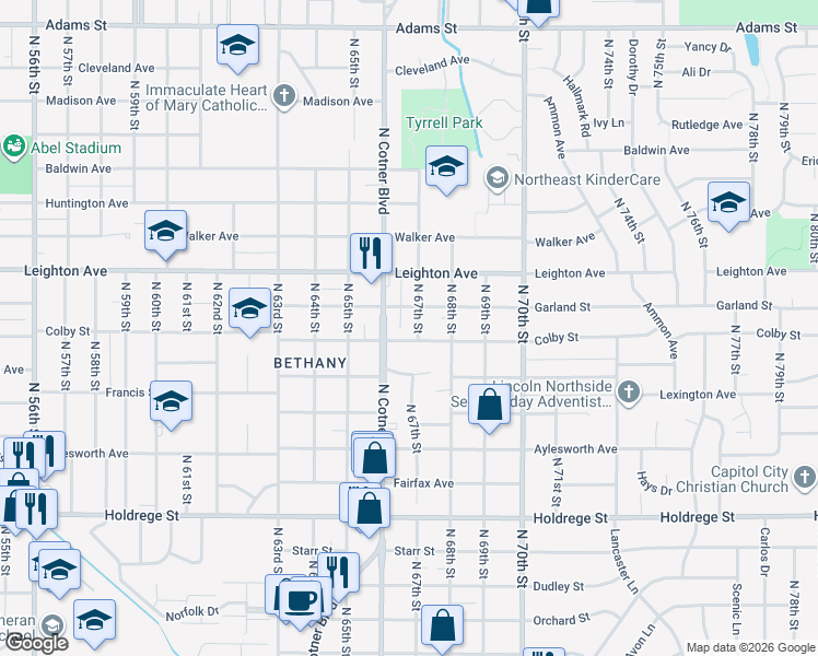 map of restaurants, bars, coffee shops, grocery stores, and more near 6601 Colby Street in Lincoln