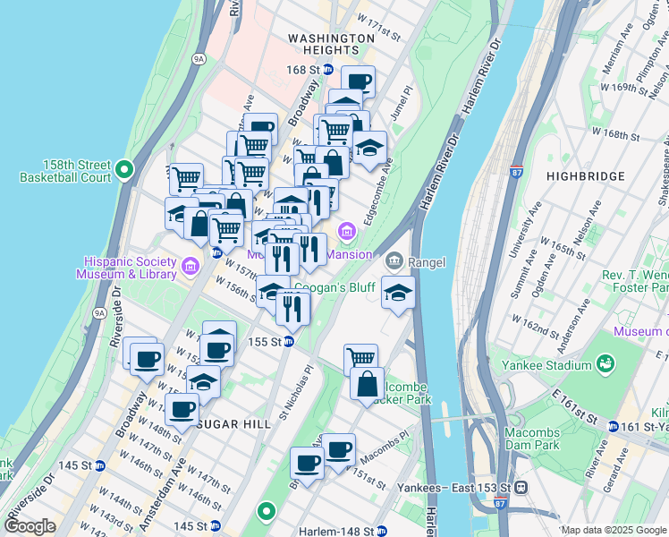 map of restaurants, bars, coffee shops, grocery stores, and more near 545 Edgecombe Avenue in New York