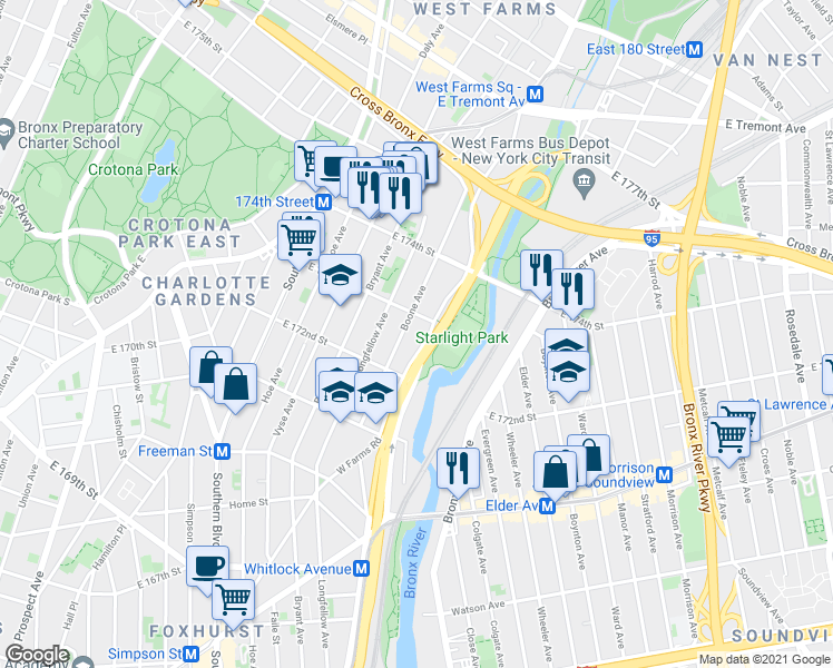 map of restaurants, bars, coffee shops, grocery stores, and more near 1560 Boone Avenue in The Bronx