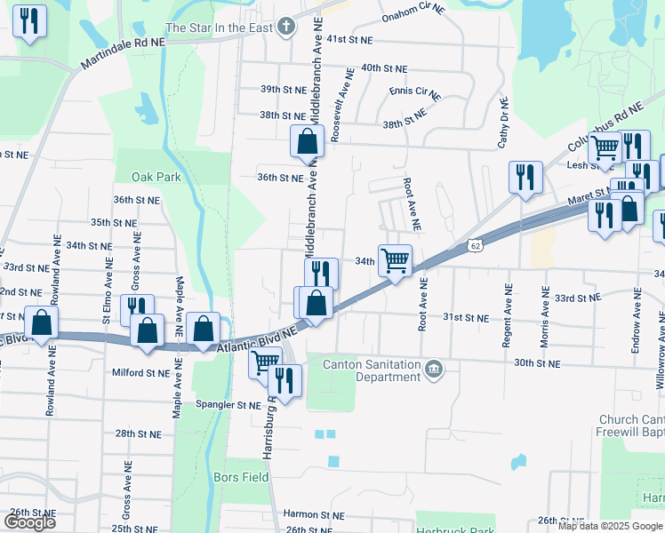map of restaurants, bars, coffee shops, grocery stores, and more near 3228 Roosevelt Avenue Northeast in Canton
