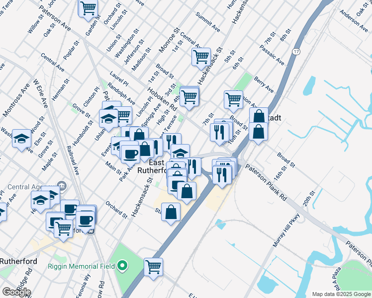 map of restaurants, bars, coffee shops, grocery stores, and more near 115 Paterson Avenue in East Rutherford
