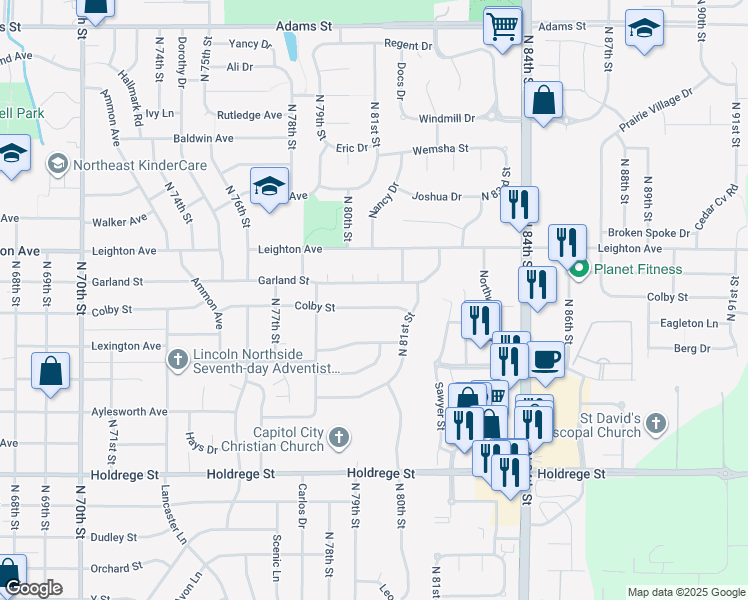 map of restaurants, bars, coffee shops, grocery stores, and more near 8019 Colby Street in Lincoln