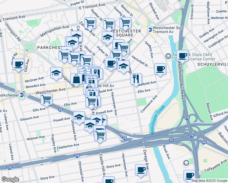 map of restaurants, bars, coffee shops, grocery stores, and more near 1218 Havemeyer Avenue in Bronx