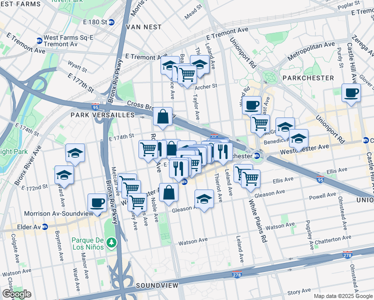 map of restaurants, bars, coffee shops, grocery stores, and more near in The Bronx