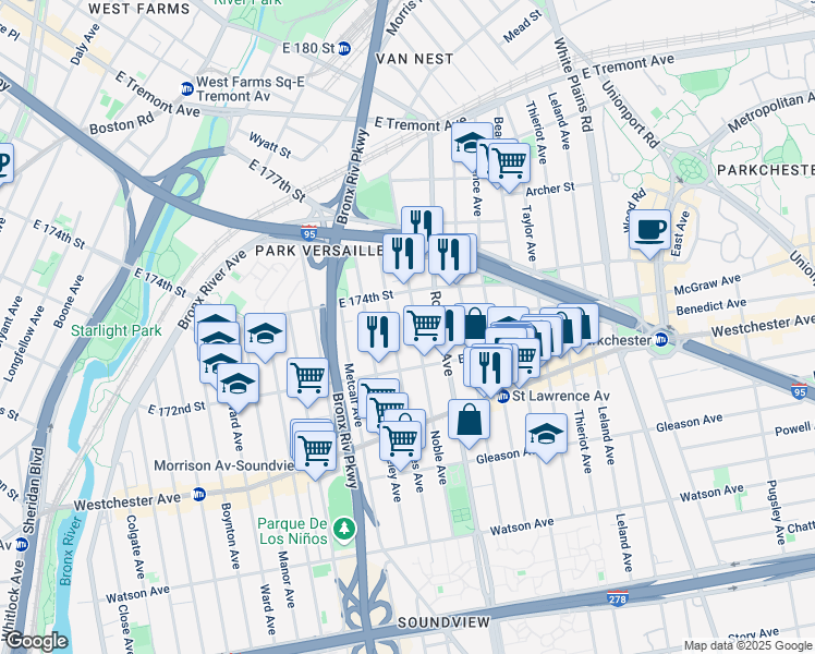 map of restaurants, bars, coffee shops, grocery stores, and more near 1320 Noble Avenue in The Bronx