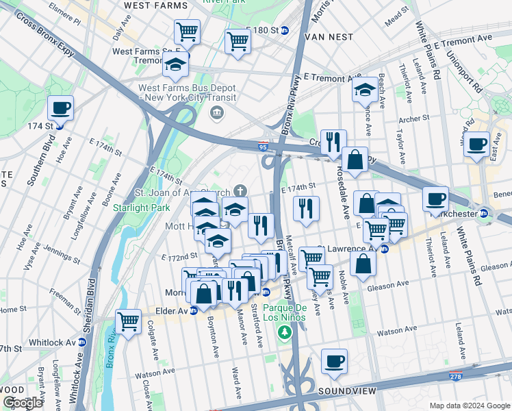 map of restaurants, bars, coffee shops, grocery stores, and more near 1338 Morrison Avenue in The Bronx