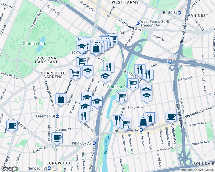 map of restaurants, bars, coffee shops, grocery stores, and more near 1565 West Farms Road in The Bronx