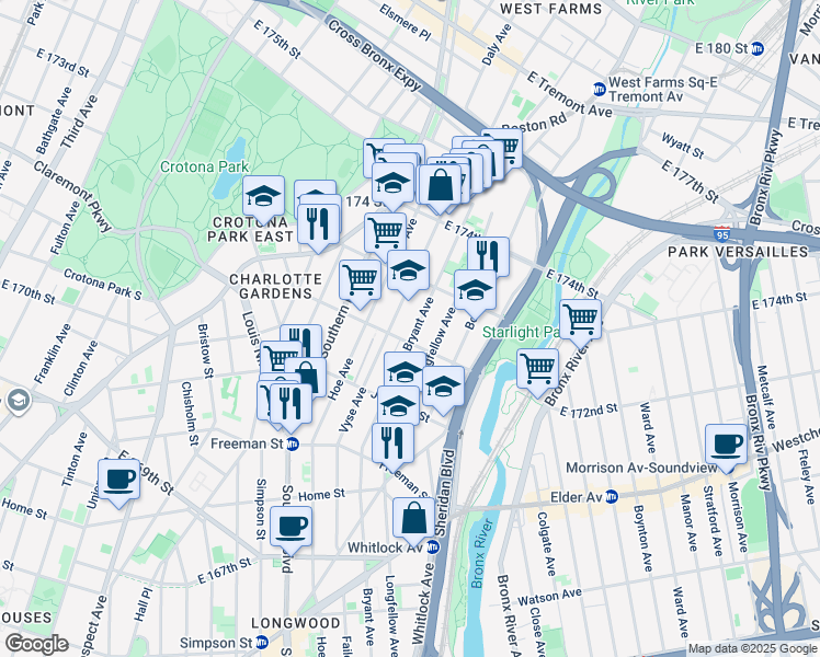 map of restaurants, bars, coffee shops, grocery stores, and more near 984 East 172nd Street in Bronx