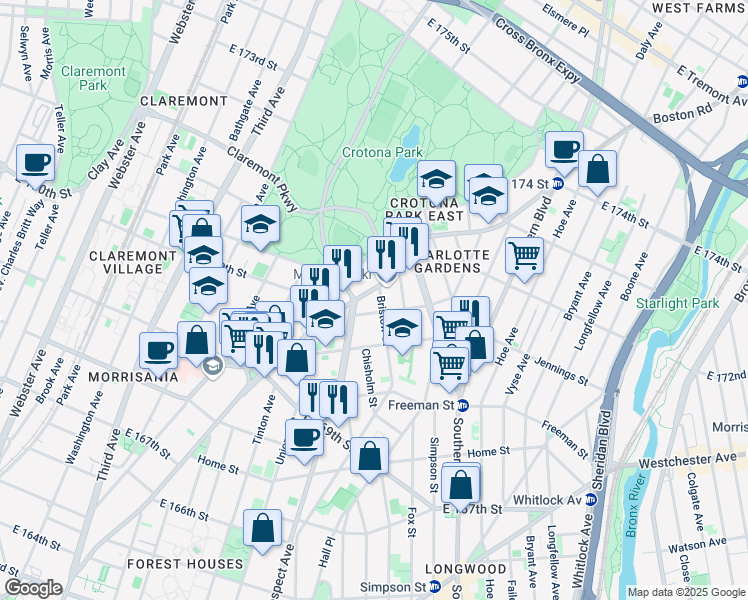 map of restaurants, bars, coffee shops, grocery stores, and more near 798 East 170th Street in The Bronx
