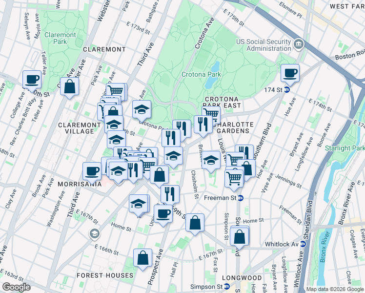 map of restaurants, bars, coffee shops, grocery stores, and more near in The Bronx