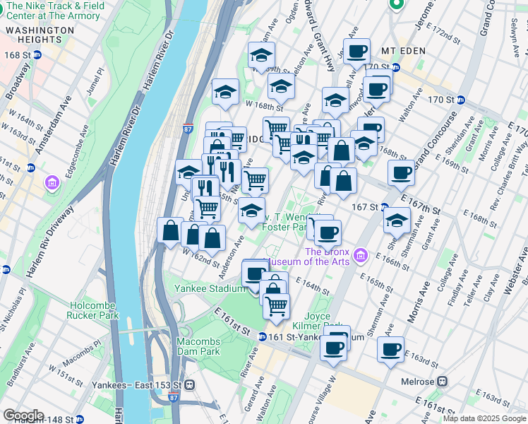 map of restaurants, bars, coffee shops, grocery stores, and more near in The Bronx