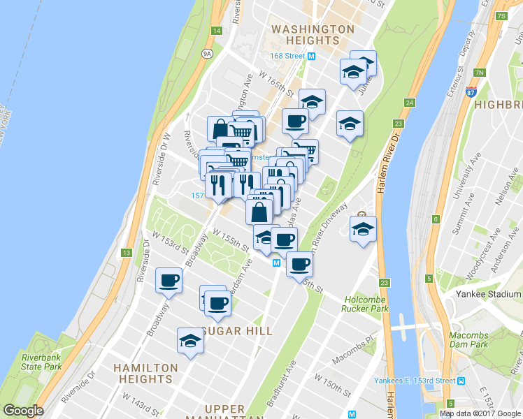 map of restaurants, bars, coffee shops, grocery stores, and more near 1963 Amsterdam Avenue in New York