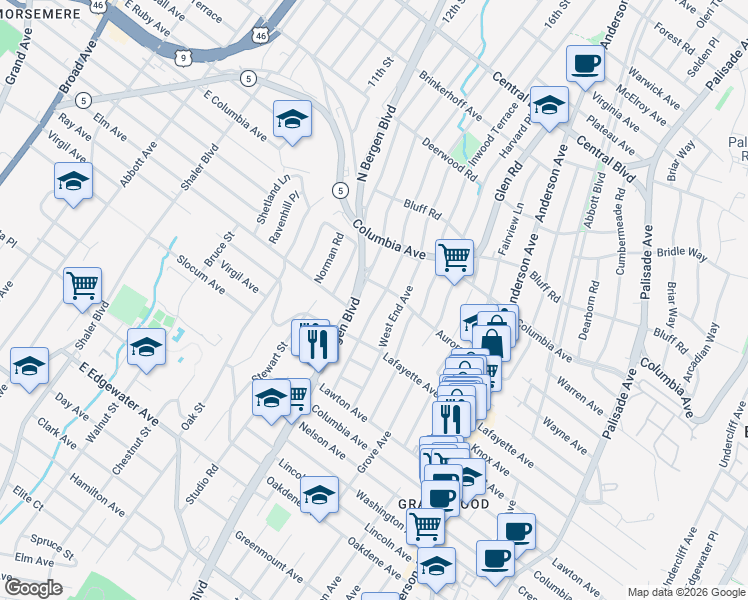 map of restaurants, bars, coffee shops, grocery stores, and more near 753 Kingsland Avenue in Ridgefield
