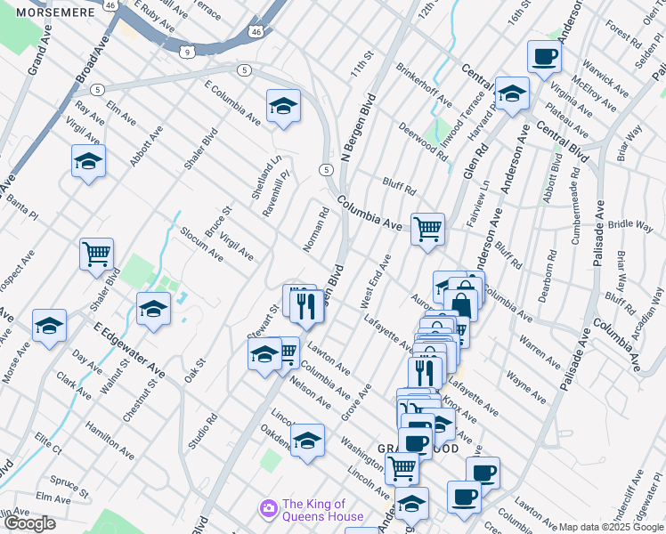 map of restaurants, bars, coffee shops, grocery stores, and more near 755 Kingsland Avenue in Ridgefield