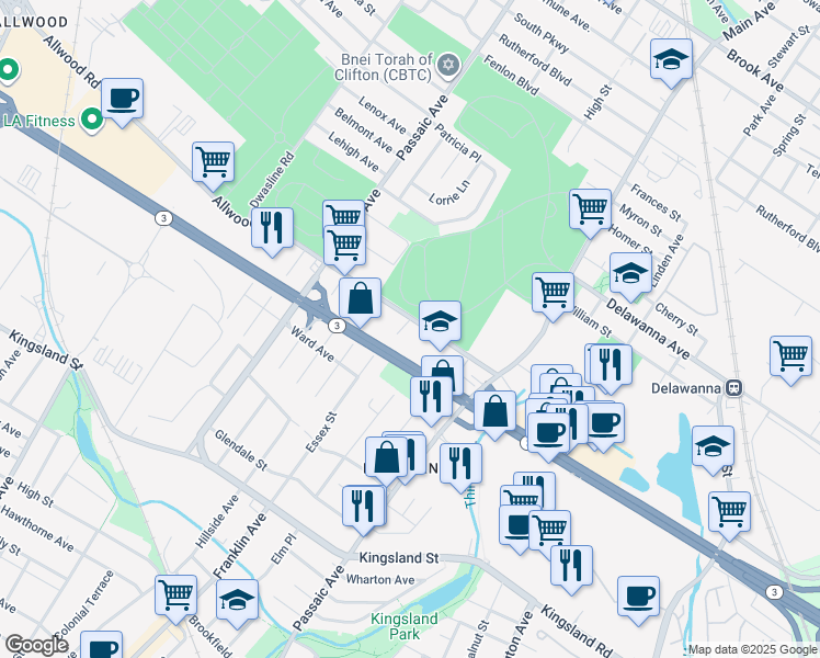 map of restaurants, bars, coffee shops, grocery stores, and more near 59 Allwood Road in Clifton