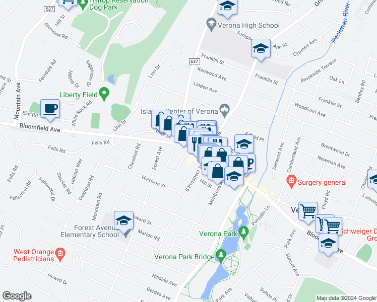 map of restaurants, bars, coffee shops, grocery stores, and more near 17 East Lincoln Street in Verona