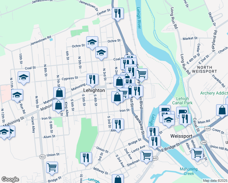 map of restaurants, bars, coffee shops, grocery stores, and more near 128 South 2nd Street in Lehighton