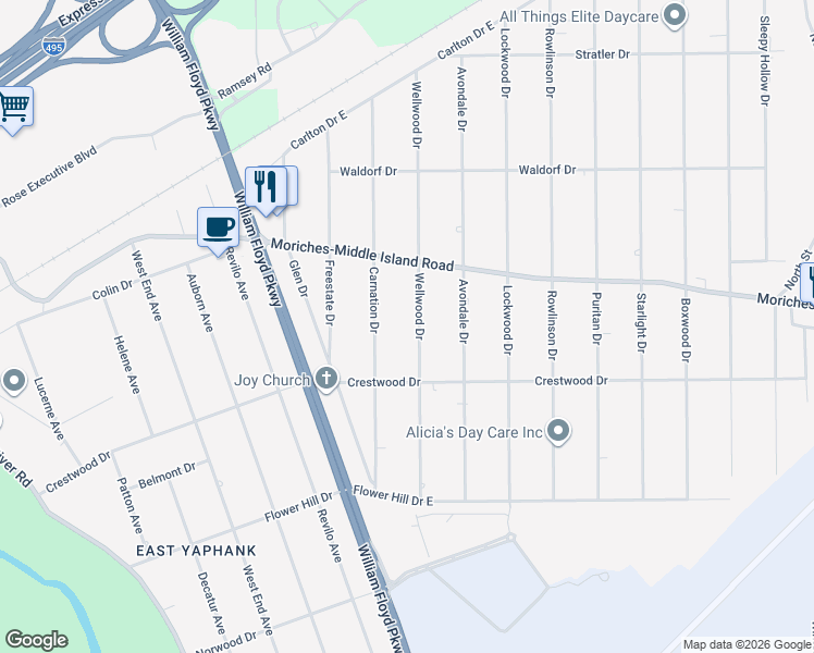 map of restaurants, bars, coffee shops, grocery stores, and more near 383 Wellwood Drive in Shirley