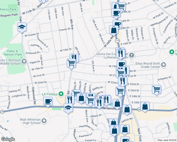 map of restaurants, bars, coffee shops, grocery stores, and more near 88 West 21st Street in Huntington Station