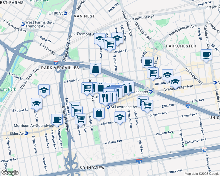 map of restaurants, bars, coffee shops, grocery stores, and more near in The Bronx