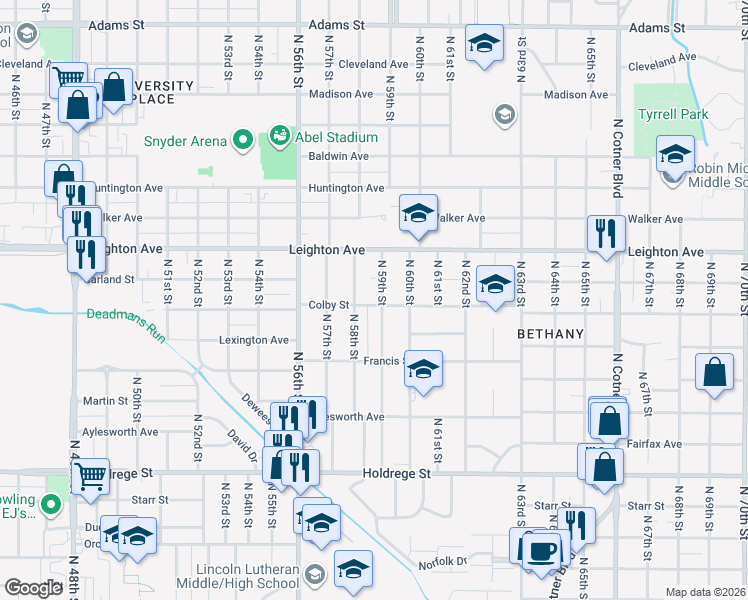 map of restaurants, bars, coffee shops, grocery stores, and more near 2030 North 59th Street in Lincoln