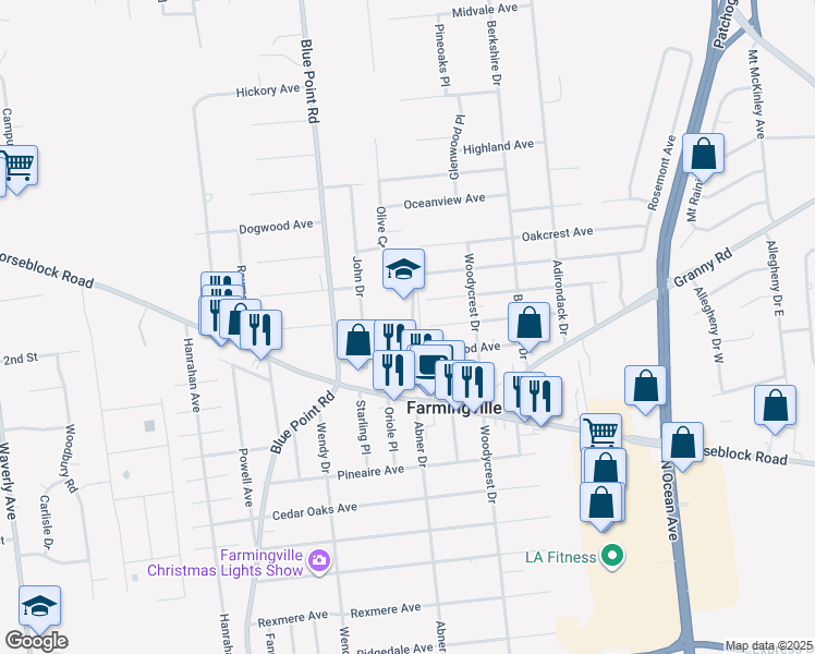 map of restaurants, bars, coffee shops, grocery stores, and more near 50 Lynwood Avenue in Farmingville