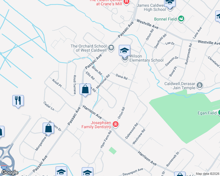 map of restaurants, bars, coffee shops, grocery stores, and more near 24 Ellis Road in West Caldwell