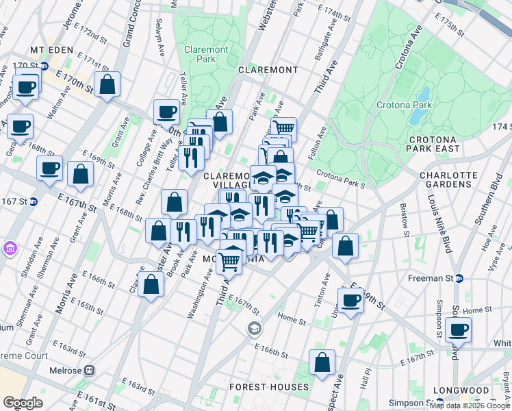 map of restaurants, bars, coffee shops, grocery stores, and more near in The Bronx
