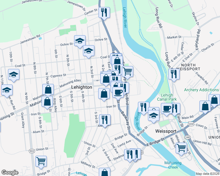 map of restaurants, bars, coffee shops, grocery stores, and more near 150 South 1st Street in Lehighton