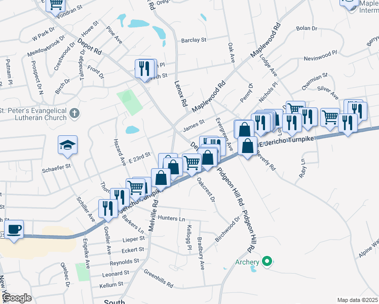 map of restaurants, bars, coffee shops, grocery stores, and more near 8 Cortelyou Street West in Huntington Station