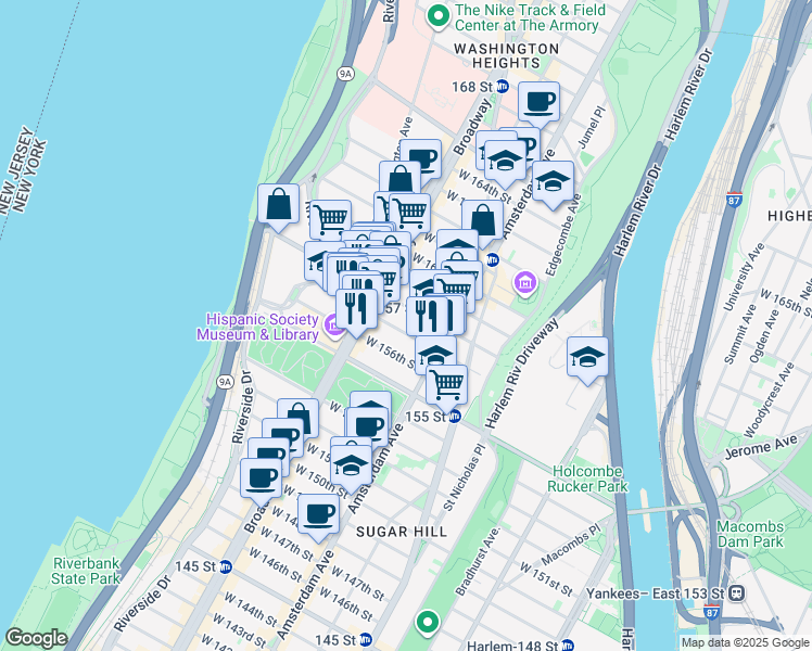 map of restaurants, bars, coffee shops, grocery stores, and more near 539 West 156th Street in New York