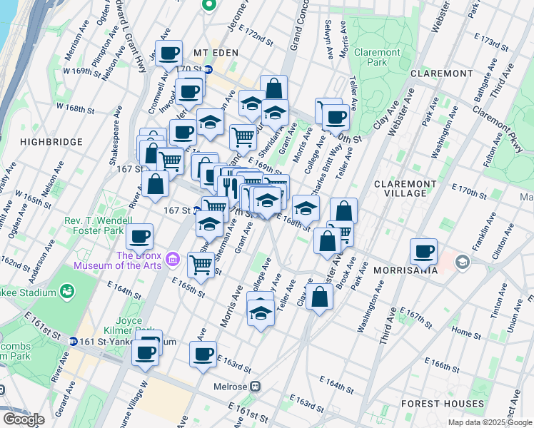 map of restaurants, bars, coffee shops, grocery stores, and more near in The Bronx