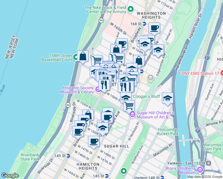 map of restaurants, bars, coffee shops, grocery stores, and more near 539 West 156th Street in New York