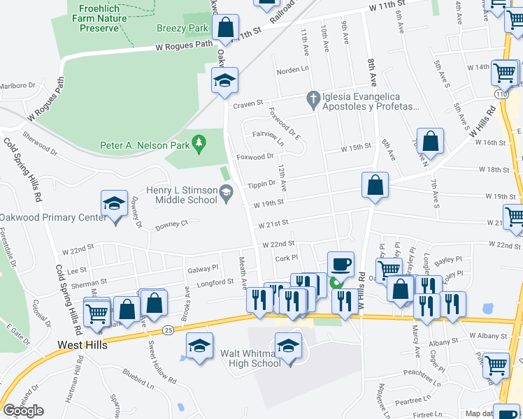 map of restaurants, bars, coffee shops, grocery stores, and more near 194 West 19th Street in Huntington Station