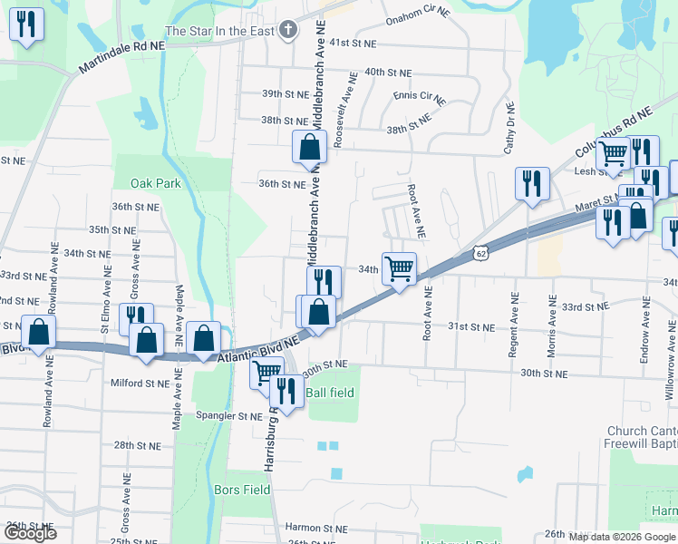 map of restaurants, bars, coffee shops, grocery stores, and more near 3228 Roosevelt Avenue Northeast in Canton