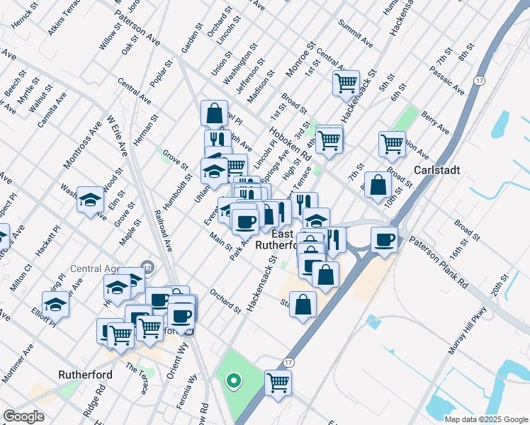 map of restaurants, bars, coffee shops, grocery stores, and more near in East Rutherford
