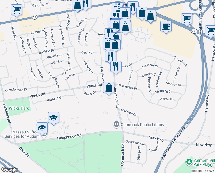 map of restaurants, bars, coffee shops, grocery stores, and more near 7 Inez Lane in Commack