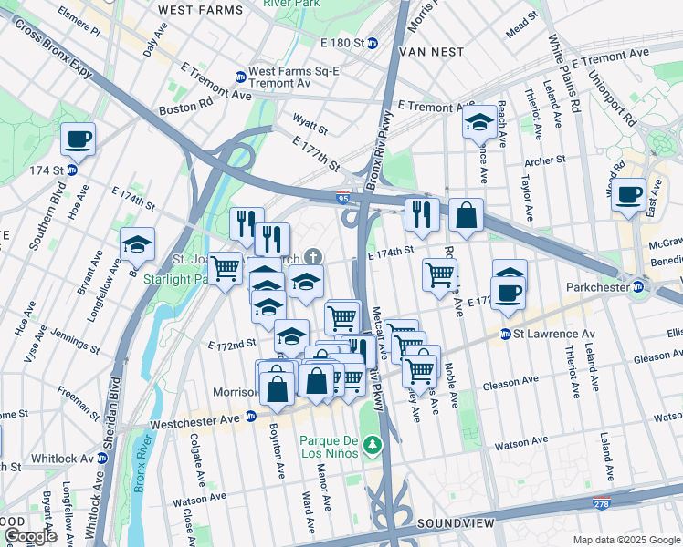 map of restaurants, bars, coffee shops, grocery stores, and more near 1338 Morrison Avenue in The Bronx