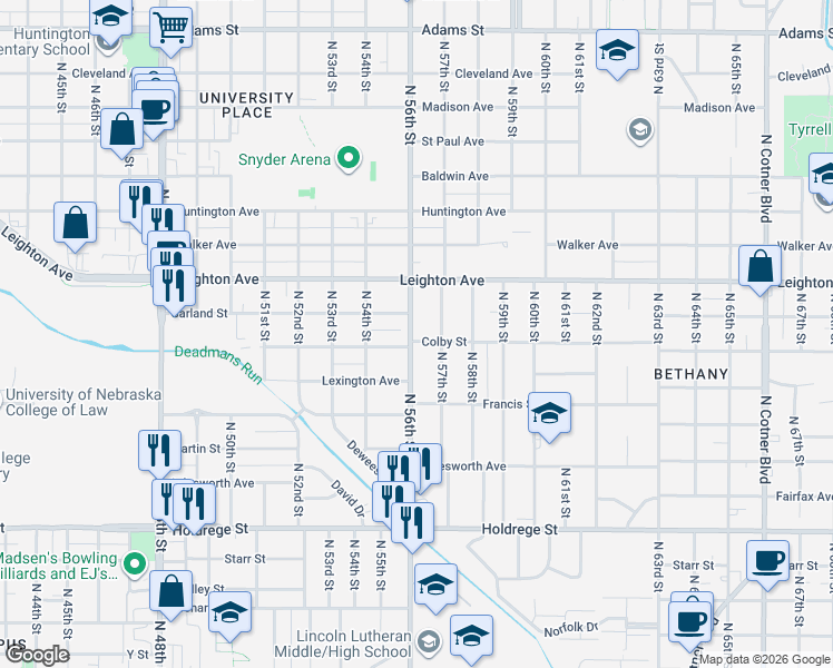 map of restaurants, bars, coffee shops, grocery stores, and more near 2017 North 57th Street in Lincoln