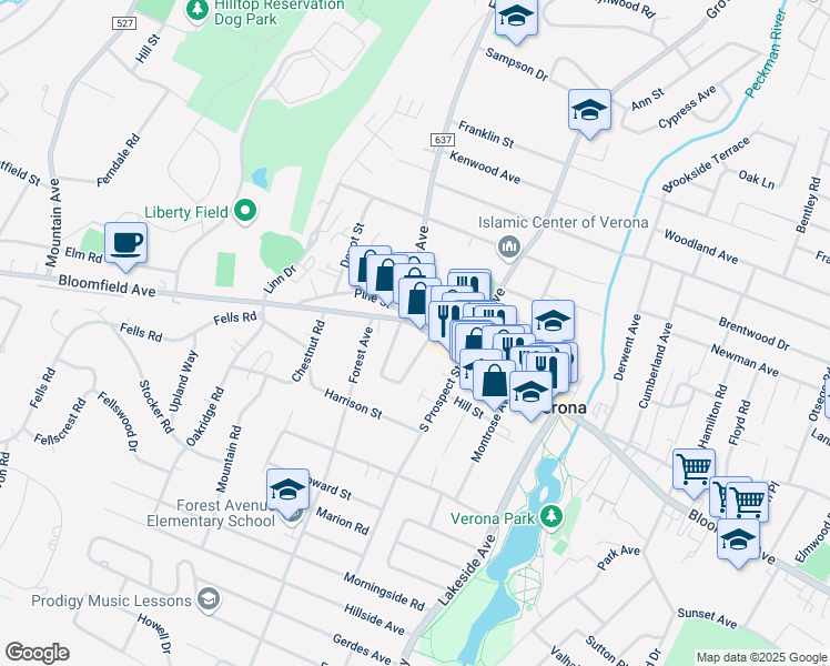 map of restaurants, bars, coffee shops, grocery stores, and more near 17 East Lincoln Street in Verona