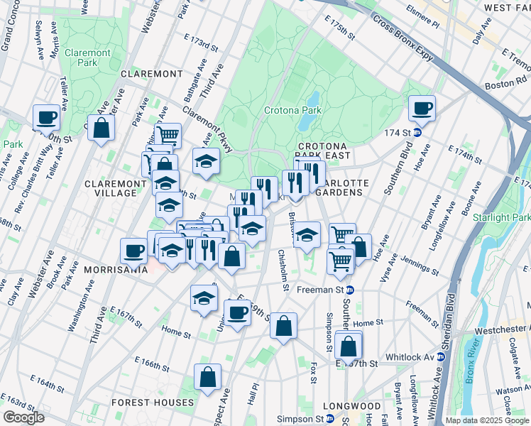 map of restaurants, bars, coffee shops, grocery stores, and more near 1377 Boston Road in Bronx