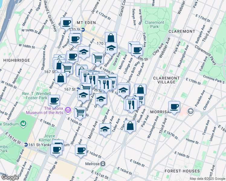 map of restaurants, bars, coffee shops, grocery stores, and more near 275 East 168th Street in Bronx