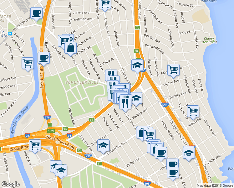 map of restaurants, bars, coffee shops, grocery stores, and more near in The Bronx