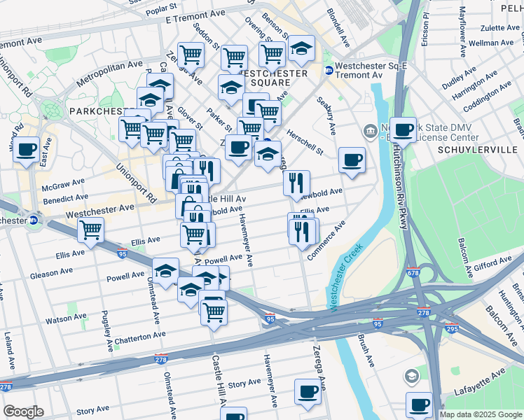 map of restaurants, bars, coffee shops, grocery stores, and more near 2338 Ellis Avenue in Bronx