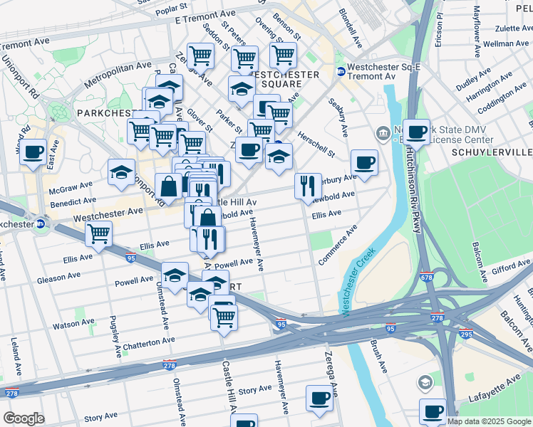map of restaurants, bars, coffee shops, grocery stores, and more near 1218 Havemeyer Avenue in Bronx