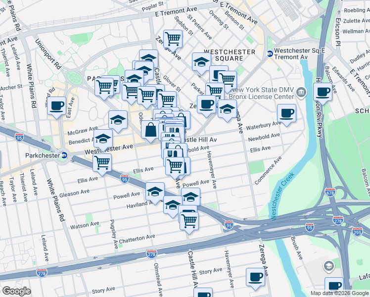 map of restaurants, bars, coffee shops, grocery stores, and more near 1236 Castle Hill Avenue in Bronx