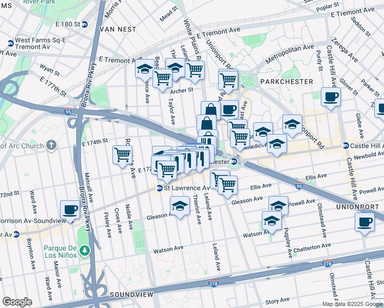 map of restaurants, bars, coffee shops, grocery stores, and more near 1316 Thieriot Avenue in Bronx