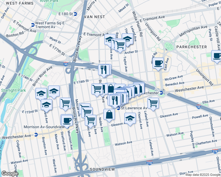 map of restaurants, bars, coffee shops, grocery stores, and more near 1309 Commonwealth Avenue in The Bronx